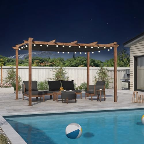 PURPLE LEAF 3 x 4 m Pergola Holzoptik Gartenpavillon aus Aluminium mit Schiebedach Pavillon Gazebo Grau mit wasserdichte Warmweiß Lichterkette Aussen mit 24 Glühbirnen, Grau