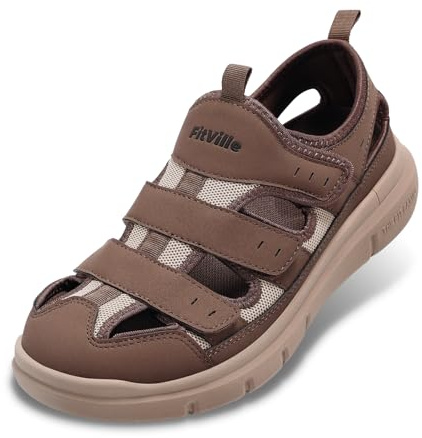 FitVille Sandali Diabetici Uomo Scarpe Ortopediche Larghe Sandalo Comodo per Anziani Fascite Plantare Piedi Gonfi Marrone 44 EU Larga