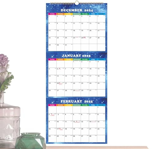 2025 Calendario de pared 3 meses, calendario de visualización de meses 2025 - Pantalla de 3 meses Calendario vertical, planificadores separados, diciembre de 2024 - enero de 2026