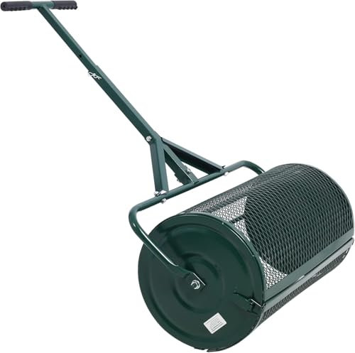Spanditore di torba da 24 pollici, rullo spanditore di compost con manico a T per la semina e la cura del prato - Design a rete metallica, distribuisce uniformemente letame, pacciame e terriccio.