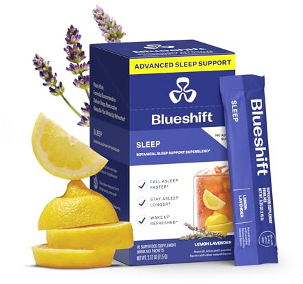 Blueshift Sleep Aid Powder for Adults – Lemon Lavender | 3 mg Melatonin, 5‑HTP, Taurine & Glycine | Stick‑Pack Drink Mix – Zero Sugar, 5 Cal | Deep REM & Next‑Day Refresh | Sleep 10 ct