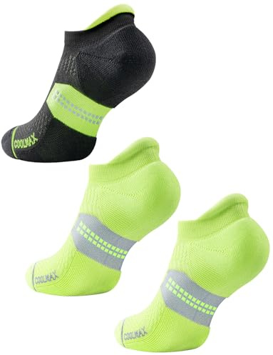 Juclise Calzini Uomo Corti da Corsa - Bambù e Coolmax, Compressione con Tab, Anti-Vesciche (IT, Numero, 42, 47, Regular, Regular, Nero Giallo*1+ Verde Fluorescente*2)