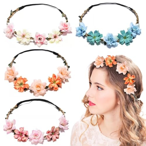 OUDQFCJ Lot de 4 Couronne de Fleurs Bandeau,Fleurs Headbands en Ruban Elastique,Couronne Fleur Cheveux,Serre Tête Fleur,Pour Photographie de Voyage,Festival,Mariage et fête (Rose)