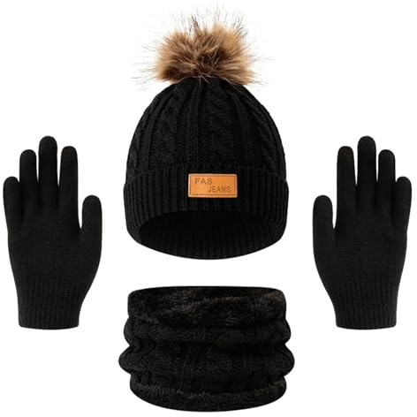 Bekecidi Ensemble bonnet, écharpe et gants d'hiver pour enfants, 3 en 1 - Bonnet d'hiver chaud pour enfants, écharpe et gants - Bonnet rond - Bonnets d'hiver chauds pour filles et garçons de 3 à 12
