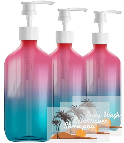 Empty Gradient Color Plastic Bottles with Pump Dispenser and 6pcs Labels Included, Refillable Travel Containers for Shampoo, Lotion, Hand Sanitizer & More, 500ml/16.9oz (3 Pack)