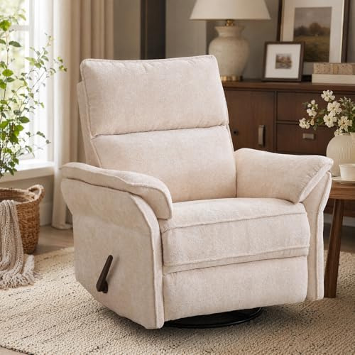 Rhevoy Fernsehsessel mit Liegefunktion und Verstellbarer Kopfstütze, 360°Drehbarer TV Sessel Wohnzimmer, Relaxsessel mit Gepolsterte Kopfstütze, Seitentaschen,beige