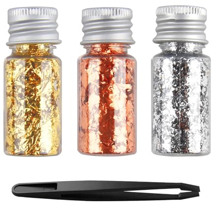 3 botellas de hojas de oro con pinzas, 3 colores de hojuelas de oro de hoja decorativa de oro de hoja de oro para manualidades, lámina de oro para pintura, arte de resina, decoración de uñas, oro