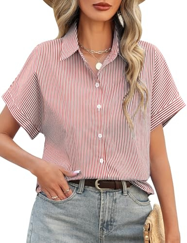 Fashora Blusa Mujer Manga Corta a Rayas Camisa Manga Corta Abotonado Algodón Casual Oficina Blusas de Oficina Tops Informales (Rojo, XXL)