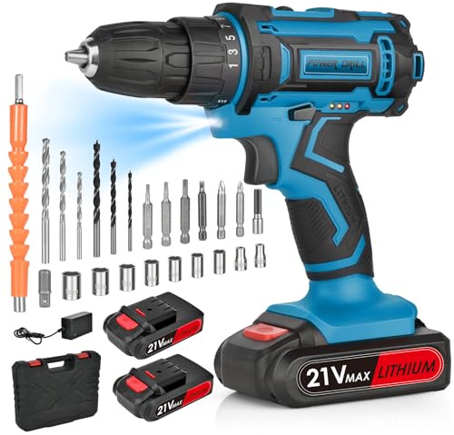 Taladro Percutor a Bateria, 21v, Atornillador Eléctrico, Con 2 Baterías de 2,0 Ah,25+1 Par Nominal,24 PCS de Accesorios, 2 Velocidades Con Un Par Máximo de 40nm (azul)