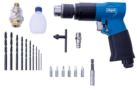 Scheppach Druckluft Bohrschrauber Druckluftbohrer Set | Bohrfutter 1-10mm | Rechts/Linkslauf | Betriebsdruck 6,3 bar | Luftbedarf 141 l/min | inkl. Koffer, 10 HSS-Bohrer, 6 CrV Bits, 1 Bithalter & Öl