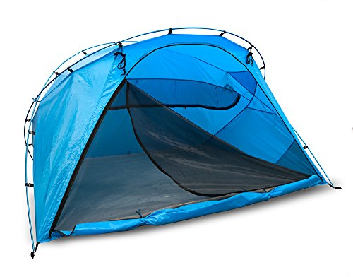 outdoorer große Fix up Strandmuschel zum Verschließen Santorin Family mit Alugestänge - UV 80 Sonnenschutz-Zelt mit Moskitonetz und Belüftung, XXL Strandzelt, leicht, kleines Packmaß für Reisen