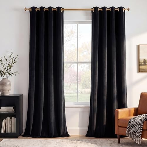 StangH 120 inches Long Black Velvet Curtains - Heavy Thermal Blackout Drapes for Basement Heat Insulated & Sunlight Blocking Energy Smart Sliding Glass Door Draperies, W52 x L120, 2 Panels