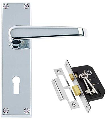 Golden Grace Victorian Door Handles with 3 Lever Lock Key Lock Set | Polished chrome pair supplied with spindle, strike plate, screws, and a 150x40mm backplate for easy setup.