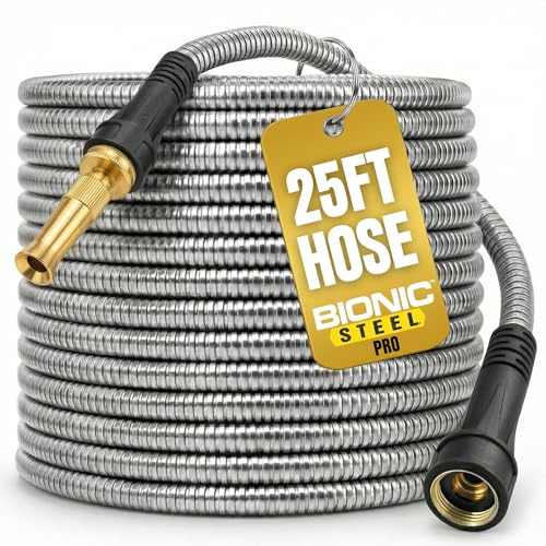Bionic Steel PRO Garden Hose - 304 Stainless Steel Metal 25 Foot Garden Hose – Heavy Duty Lightweight, Kink-Free, and Stronger Than Ever with Brass Fittings and On/Off Valve – 2023 Model