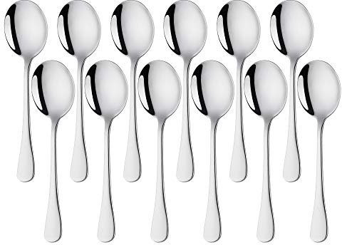 Meisha Lot de 12 cuillères à soupe rondes en acier inoxydable pour céréales, soba, soupe, bouillon, chocolat chaud - Finition miroir polie - 18 cm - Argent