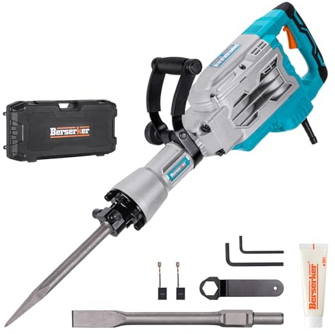 Berserker 1700W 30-Pound Demolition Jack Hammer with 1-3/16 Hex, 14-Amp Corded Electric Heavy Duty Demo Chipping Hammer Concrete/Pavement Breaker with Carrying Case Flat Chisel Bull Point Chisel