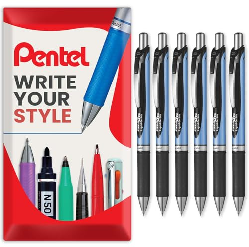 Pentel EnerGel BLN75 einziehbarer Gel-Tinten-Rollerstift – 0,5 mm – 54 % recycelt – in Umschlag-Geschenkverpackung (Schwarz, 6er-Pack)