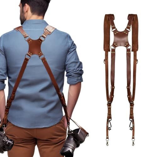 HERCHR Kameragurt für Zwei Kameras, Dual-Schulter-Lederriemen, Vintage Multi Gear-Kameragurt für DSLR/SLR-Universal-Gurt für Frauen/Männer(braun)