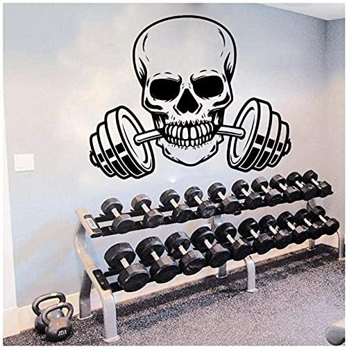 Großes Skelett Langhantel Fitness Wandaufkleber Gym Workout Schädel Langhantel Sport Wandtattoo Workout Vinyl Dekoration 71X56Cm