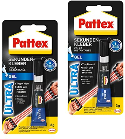Pattex Sekundenkleber Ultra Gel, 2x 3 g extra starker & flexibler Superkleber, stoß- & wasserresistenter Reparaturkleber mit Gelkonsistenz für z. B. Gummi, Leder, Holz