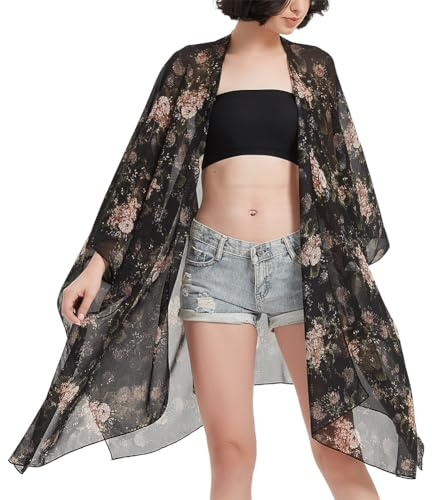 Women's Kimono Cardigan Long Chiffon Floral Swimsuit Cover up Bohemian Beachwear Bikini Shawl Tops