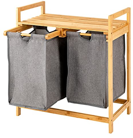 GIANTEX Panier à Linge avec Étagère en Bambou, Bac à Linge avec 2 Compartiments Coulissants, 2 Poignées, Corbeille à Linge Charge 45 KG pour Salle de Bain, Buanderie, Chambre, 64 X 33 X 73 CM (Gris)