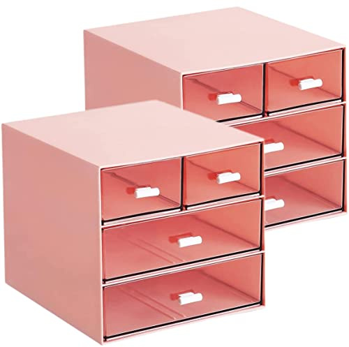 Umtiti Schreibtisch-Aufbewahrung, Make-up-Aufbewahrungsbox mit 4 Schubladen, Kunststoff, Bürobedarf, Organizer, Schreibtisch-Organizer für Büro, Schule, Zuhause und Badezimmer (Rosa, 2 Stück)