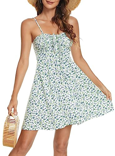 Missufe dam sommarklänning swing blommig klänning fritidsklänning spagettiremmar cami klänningar, Vit, M