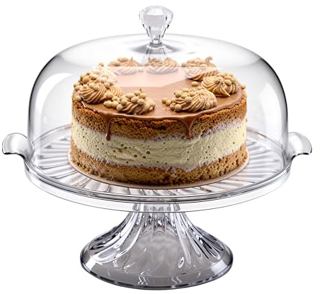 Aspect Cake Stand with Dome Lid, Eye-Catching Crystal-Style Design, Fixed Base, Clear Acrylic Display Stand for Cakes, Cupcakes & Desserts, Elegant Serving Stand for Kitchen & Parties (With Stand)