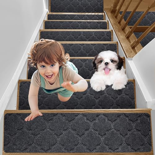 YISUN 15pcs Treppenstufen Matten Treppenstufen Antirutsch Selbstklebend | 65x20 cm, Treppenteppich selbstklebend Rechteckig, Teppich Treppenstufen aussen Innenbereich für Kinder Ältere und Hunde