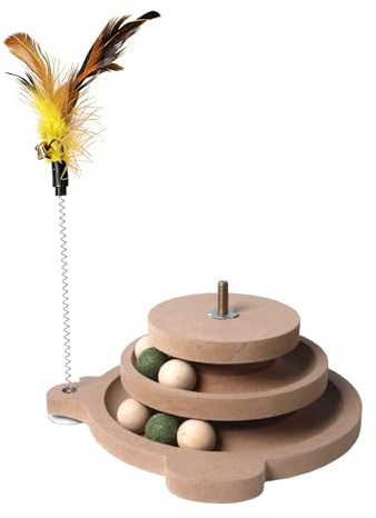 Vefhby 2 in 1 Katzenspielzeug Selbstbeschäftigung, Federspielzeug mit Katzenbälle, Interaktives Katzenspielzeug mit Frühling, Katzen Spielzeug Intelligenz Massivholz