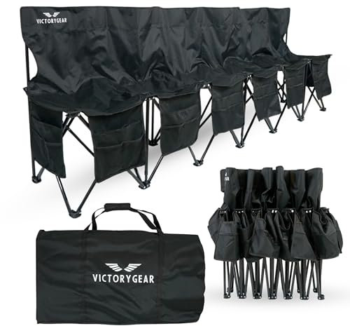 VictoryGear Tragbare Fußballbank – 6-Sitzer, zusammenklappbarer Teamstuhl mit 8 Taschen und Tragetasche, leichte Seiten-Sitzgelegenheit für Fußball, Baseball, Camping, Veranstaltungen im Freien