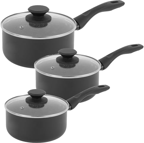 Progress COMBO-8962 Marble Ceramic Saucepan Set – 3 Piece 16/18/20 cm Pans, Healthy Ceramic Non-Stick Coating Pots with Lids, PFAS-Free, Induction Hob Suitable, Lightweight Aluminium Cookware