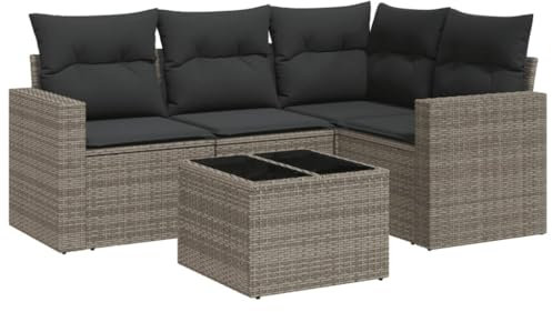 vidaXL Garten Sofa Garnitur 5-TLG., Gartenmöbel Set mit Kissen Stauraum, Sitzgruppe für Garten Terrasse, Modular Gartensofa Lounge, Tisch mit Glasplatte, Grau Poly Rattan