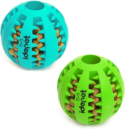 Idepet Dog Toy Ball, Nontoxic Bite Resistant Toy for Dogs & Cats, Dog Food Treat Feeder, Chew Tooth Cleaning Exercise Game & IQ Training Ball (2 Pack - Blue & Green, 1.95 inch)