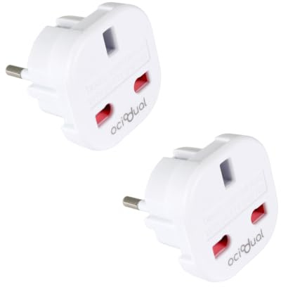 OcioDual 2X uttagsadapter England, reseadapter typ G, adapter England Tyskland kontakt, UK-adapter till EU, reseadapter Storbritannien, europeisk till Storbritanniens kontakt, 3-stifts till 2-stifts