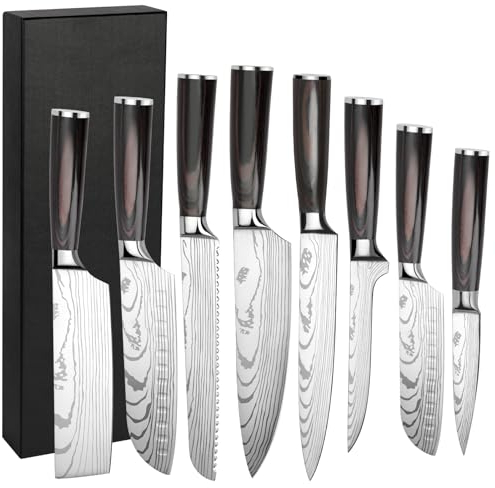 Gustrug Couteau Cuisine Couteau Japonais Acier Inoxydable à haute teneur en carbone avec Poignée Ergonomique, Couteaux de Cuisine Professionnel (8PCS)
