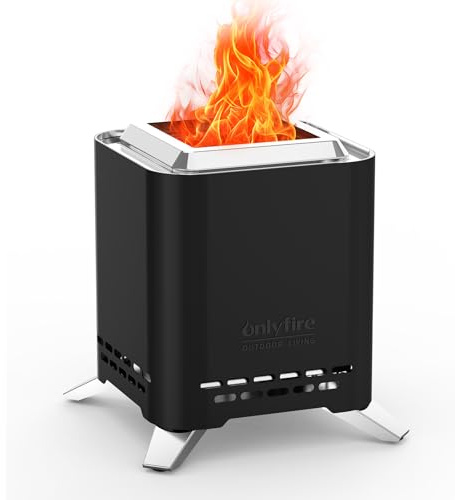 Onlyfire 16,5 cm Quadrato Braciere Senza Fumo da Tavolo, Focolare Portatile con Staffa per Vaso e Borsa da Trasporto, Bruciatura a Legna e a Pellet, per Campeggio all'aperto Patio, Acciaio Inox, Nero