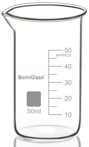 BorinGlass Lot de 1 gobelet en verre borosilicate avec bec verseur, gradué, 50 ml