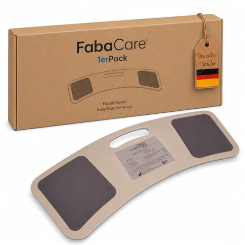 FabaCare Rutschbrett für Rollstuhlfahrer EasyTransfer wave, Rollstuhlbrett, Transferbrett, Umsetzbrett gebogen mit Griff, Transferhife vom Rollstuhl, Auto und Bett, bis 130 kg, Länge 67 cm