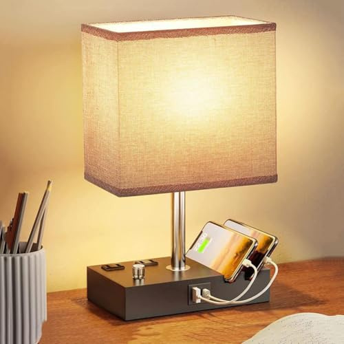 LOGT Nachttischlampe Dimmbar, Tischlampe mit Ladefunktion USB A+C-Anschlüssen Steckdosen 2, Vintage Tischleuchte mit Drehschalter Stoffschirm Metall Sockel E27 Nachtlicht für Nachttisch,Grau