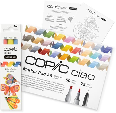 Copic Ciao LAYER & MIX startset, briljant, märkpenna set med 3 olika färger, markörpapper och ritmall att pausa, inklusive inlärningsblad
