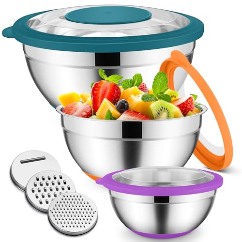 HaWare Rührschüssel 3er Set, Edelstahl Schüssel Salatschüssel Set mit Transparenter Luftdichtem Deckel und Rutschfester Silikonboden & 3 Reibenaufsätzen, 4,6L/2,5L/0,7L, Spülmaschinenfest, Bunt