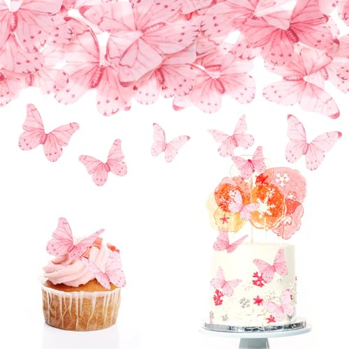 40 pcs Pink Butterfly Birthday Cake Decorations Butterfly Cake Topper for Women and Girls 3D Paper Decorations for Birthday Wedding (Mix Size)