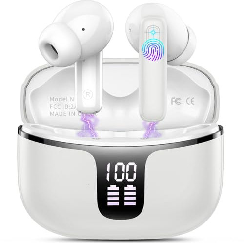 Wireless Earbuds, Bluetooth 5.3 Headphones In Ear with 4 ENC Noise Cancelling Mic, 2025 Bluetooth Earphones Deep Bass Stereo,40H Playtime, Ear Buds IP7 Waterproof/LED Display/USB-C,Touch Control Gray
