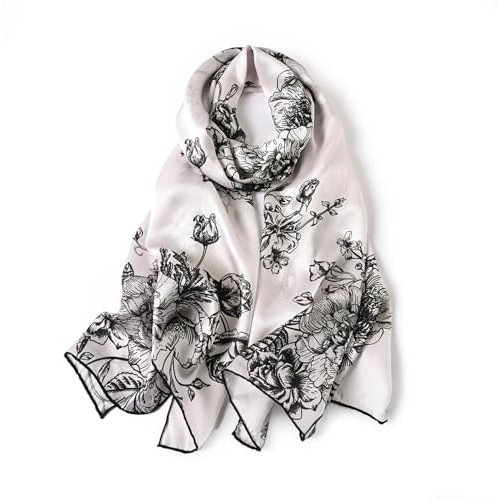 STORY OF SHANGHAI Seidenschal Damen 100% Seide, Natur Silk Scarf for Women, Luxuriöse Seidentuch Halstuch, Stola Als Geschenk, Warm Leicht und Weich, Mit Motiv 53 * 170 cm,Schwarz Weiß Blumen