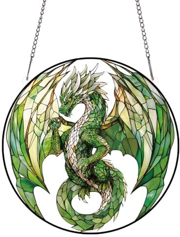 PLIGREAT Dragon Acryl Fensteraufhängung Grün Drache Sonnenfänger Terrasse Garten Panel Hanging Ornament für Wohnzimmer Schlafzimmer Fenster Dekoration Zuhause Wand Kunst Dekor Gedenkgeschenke