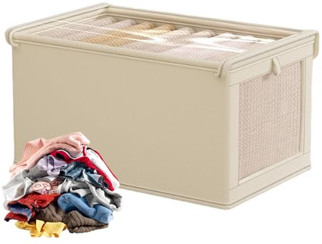 Pzuryhg Cajas de almacenamiento de ropa, contenedores de tela con tapa y asa, ventana transparente, organizadores de cajones apilables, caja plegable para guardería, dormitorio, armario del hogar, 40