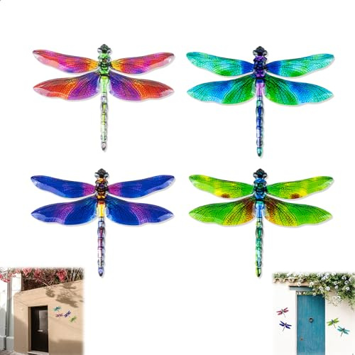 Decorazione Artistica da Parete in Metallo Libellule, 4 Pezzi Decorazioni a Parete da Esterno Ornamenti Libellule Appeso Scultura Decorazione Muro, 3D Dragonfly Metallo Esterna Giardino Pensili