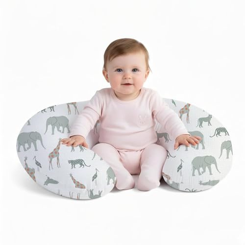 Little Grape Land Stillkissen, weiches Stillkissen aus 100% Baumwolle, mit atmungsaktivem Musselin, abnehmbarer Bezug, Elefanten-Stillkissen für Babys 0-12 Monate, mit Schutzreißverschluss
